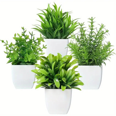 4pcs Mini Artificial Faux Plants in White Pots, Plastic Greenery for Home Decor, Indoor Bathroom, Living Room, Table Desk, Farmhouse - Valentine's Day Decoration, No Electricity Needed